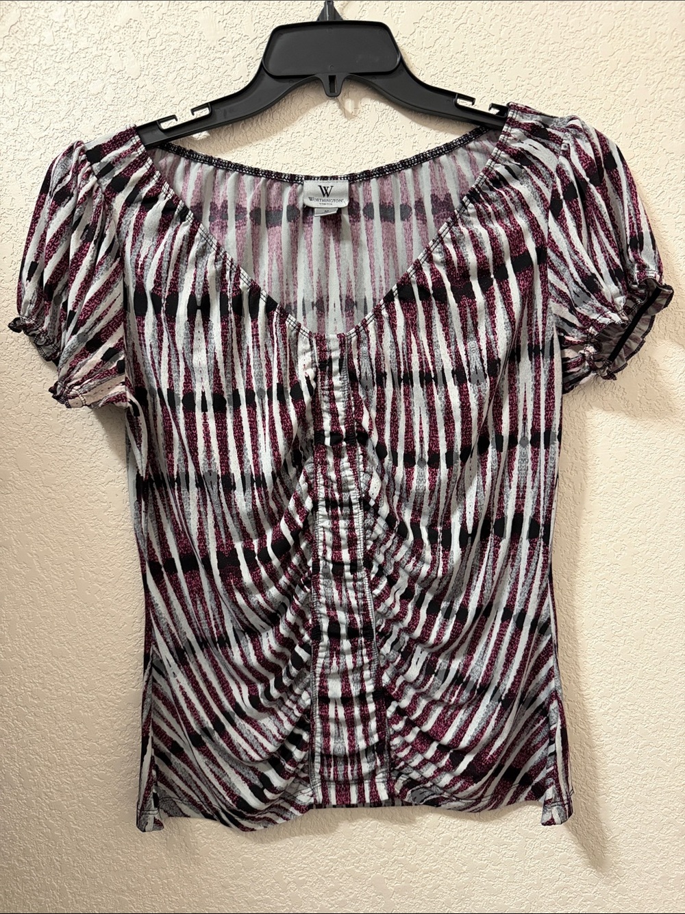 Worthington Burgundy, Black & White Striped Ruched V-Neck Blouse
